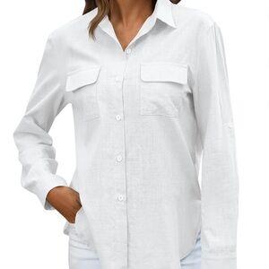 Women’s white shirt,silky cotton,button up,long sleeve.Size 42/44,pit to pit 23”